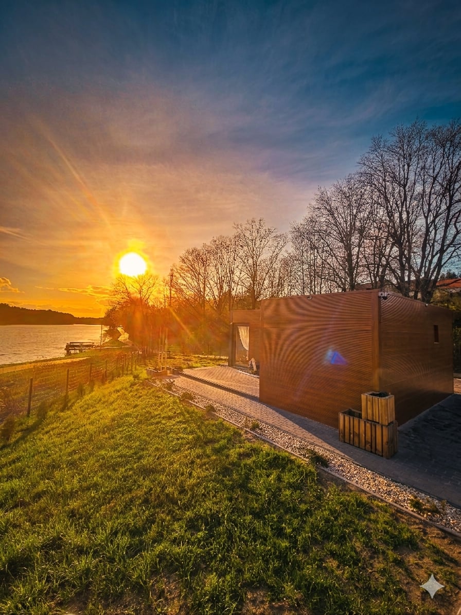 Domek Tu i Teraz nad zalewem o zachodzie słońca