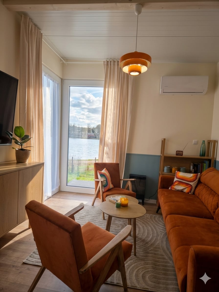 Wnętrze domku Tu i Teraz - przytulny salon z drewnianymi akcentami