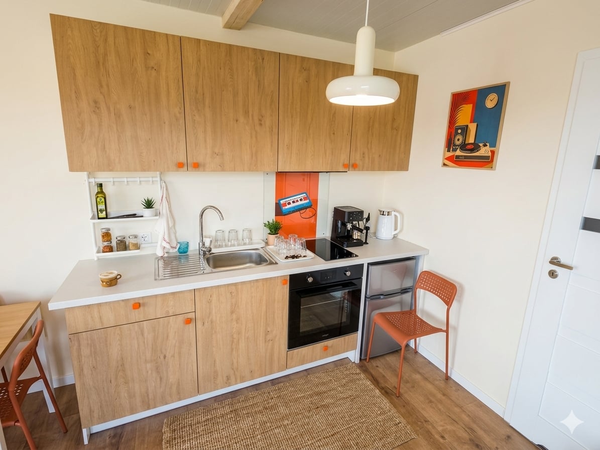 Aneks kuchenny w domku Tu i Teraz - drewniane szafki, ekspres do kawy, ciepłe wnętrze w stylu retro